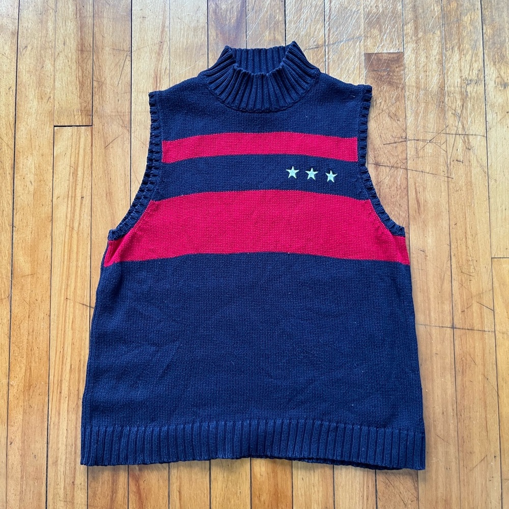 VTG Norton Studios Navy Blue Red Stars‎ Mock Neck Cotton Sleeveless Sweater L